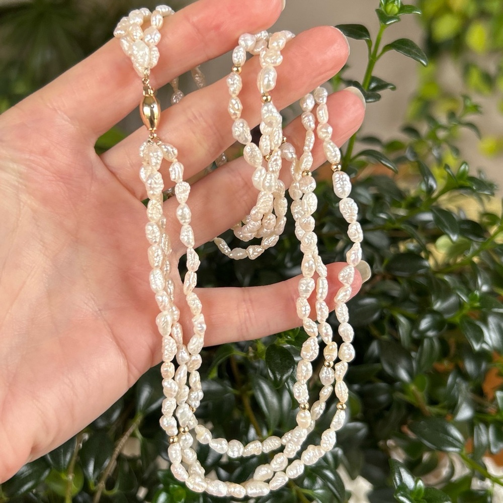 Vintage 14K SOLID GOLD and Freshwater Pearl Triple Strand Necklace